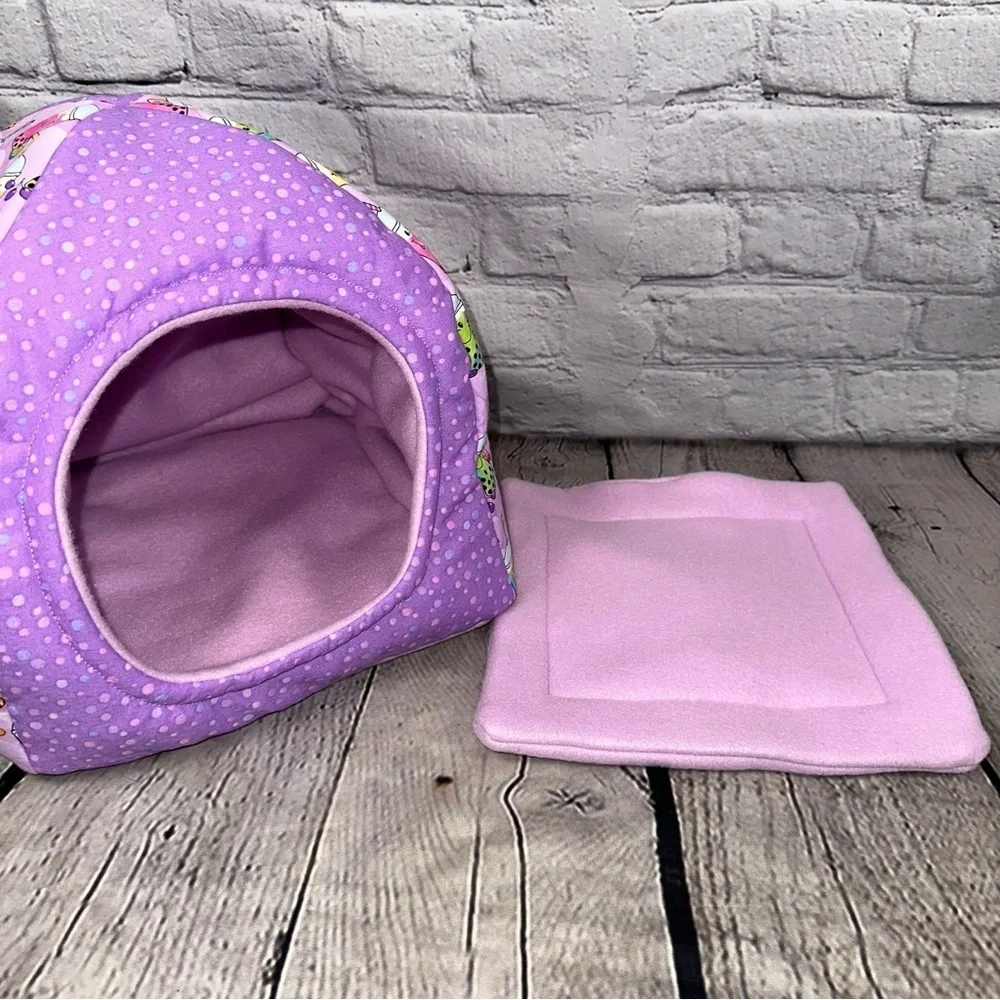 Guinea Pig Handmade Hut Bed Removable Pad Boba Tea Print Bearded Dragon Purple